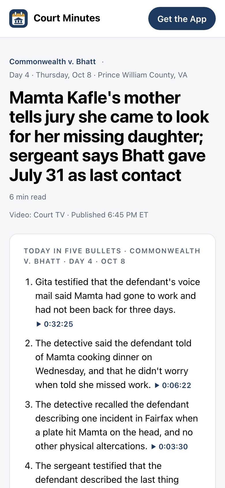 A Court Minutes day recap on a phone: Commonwealth v. Bhatt, Day 4